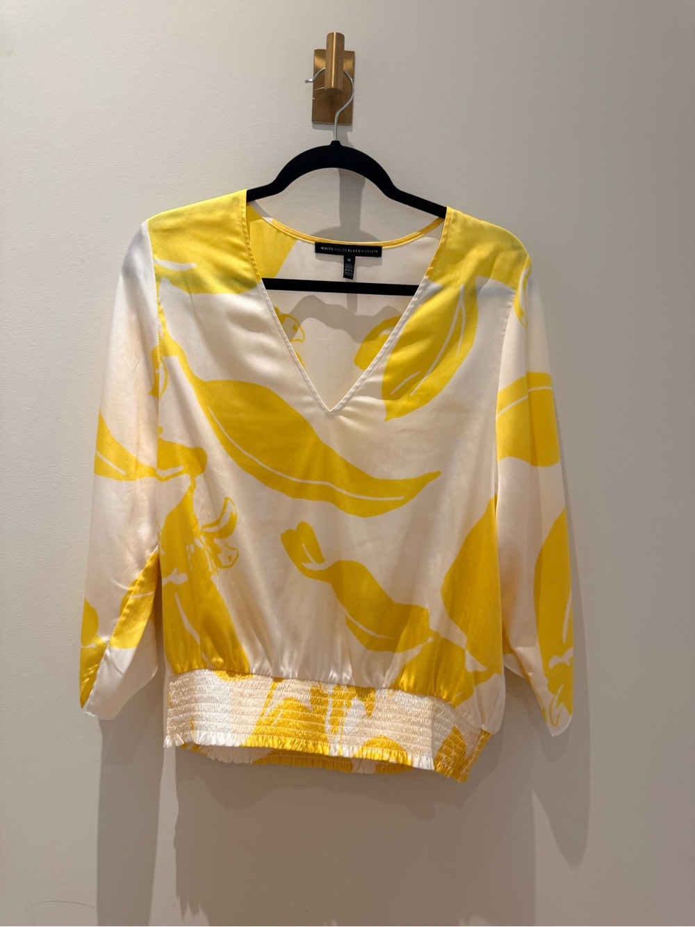 White House Black Market Yellow and White Floral V-Neck Top